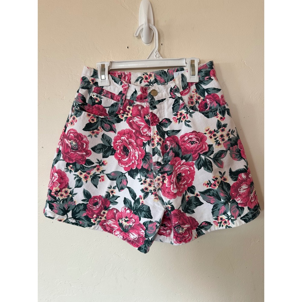 Vintage Wet Seal Floral High Waisted Denim Shorts Pink Red Roses 90s Size 5